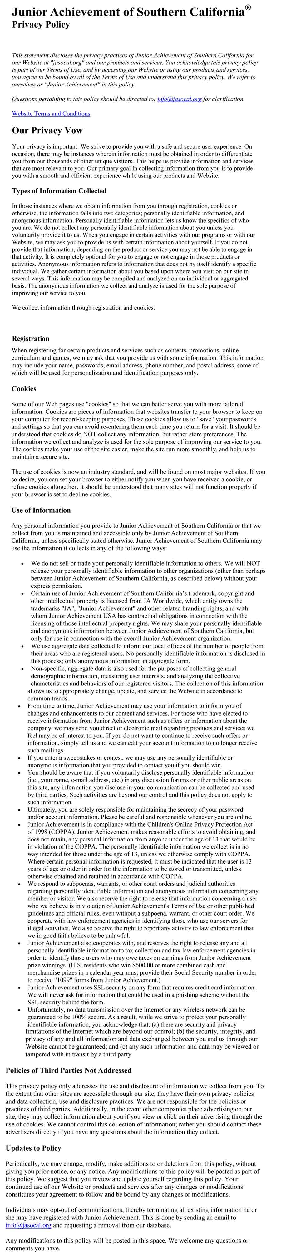 privacy_policy | Junior Achievement of Southern California
