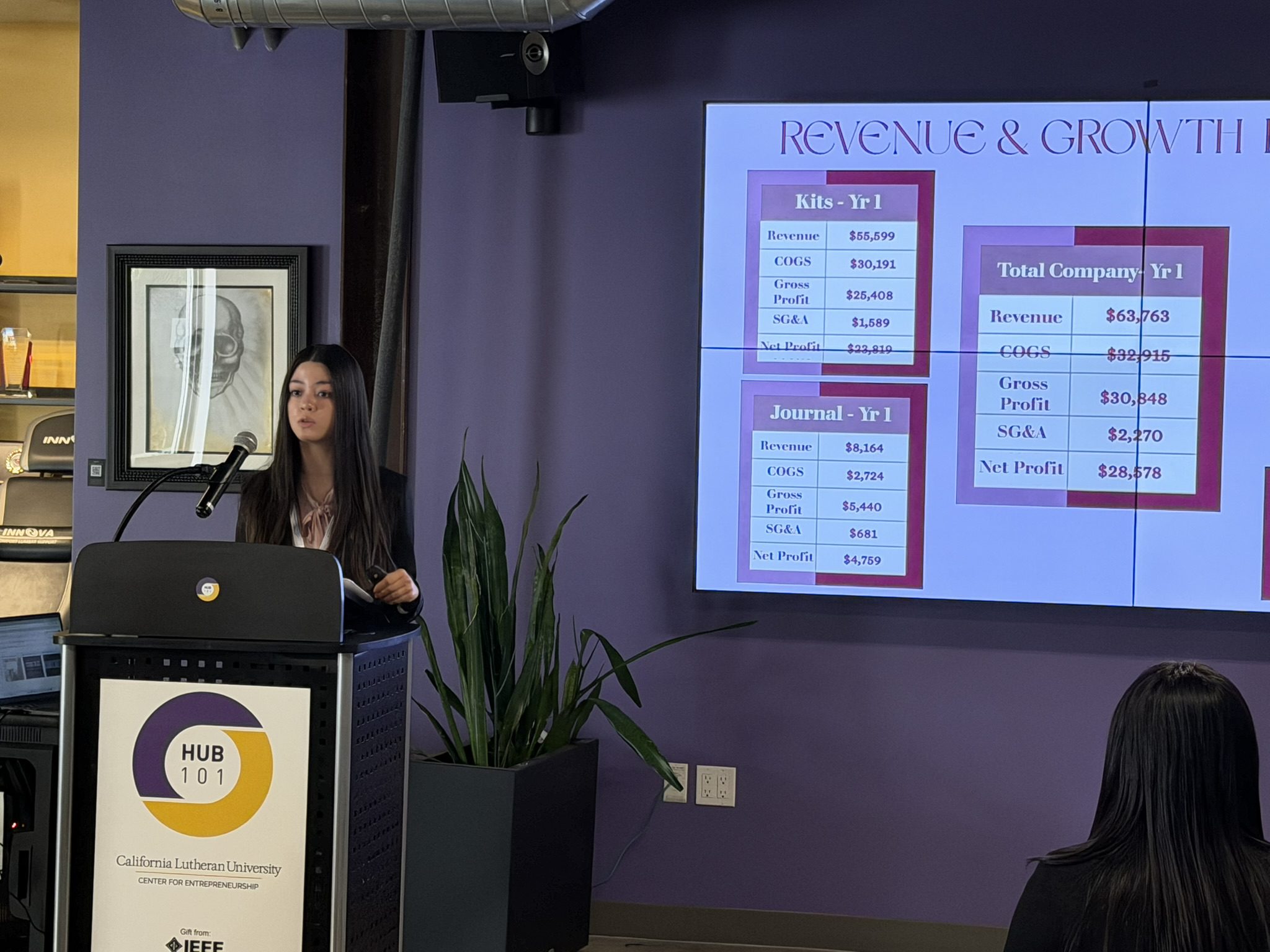 Female presenter at a podium with a large screen showing a 'Revenue & Growth' slide in a purple room.